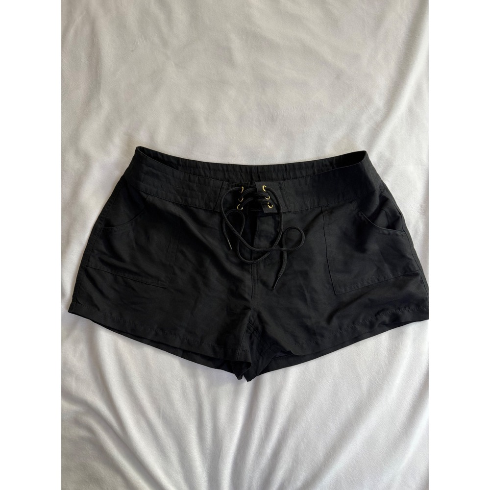 Venus Black Lace Up Board Shorts Women Medium Gold Grommet Swim Trunks